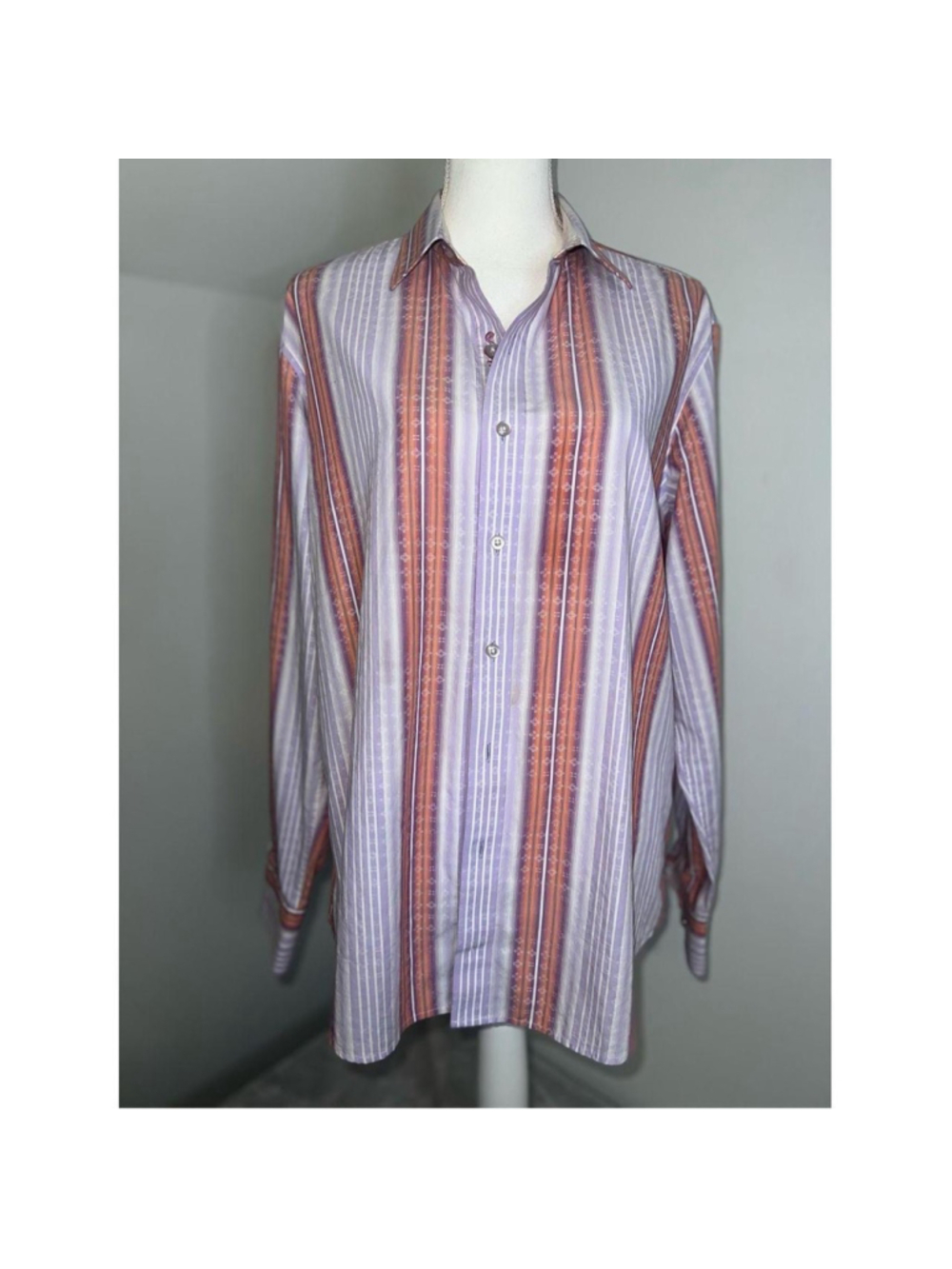 Men's Striped Casual Button Down Shirt, Size L, Purple and Orange